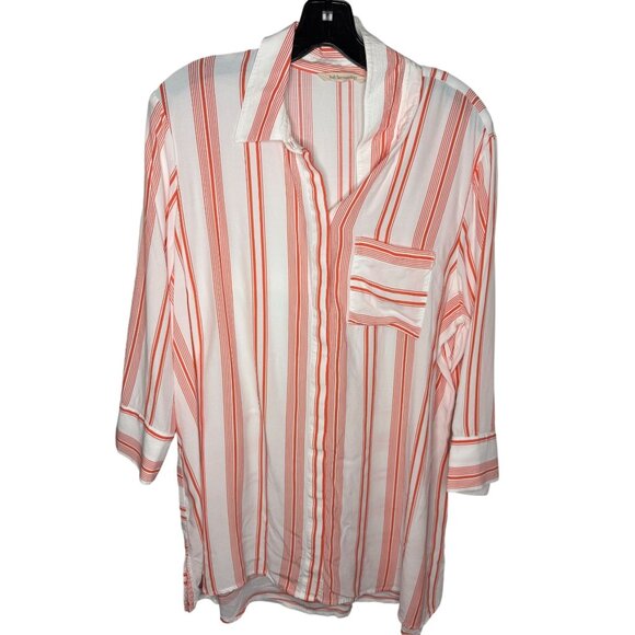 Soft Surroundings Ladson Long Line Tunic Shirt Orange Striped Button-Up Size L - Picture 1 of 6